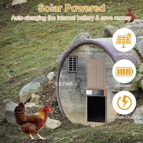 Automatic Chicken Coop Door Solar Powered with Timer & Light Sensor | Automatic Chicken Door with LCD Display, Chicken Door with Rang 20M Remote Control, Anti-Pinch Function & Made of Al-Alloy - color: Brown