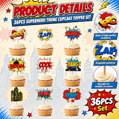 36 PCS Hero Cupcake Toppers | Hero Decorations Smash Crash Pow Picks for Hero Theme Birthday Party Cake Decor Supplies