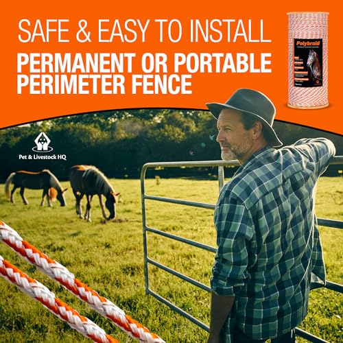 Electric Fence Polybraid 1000ft Thickness 1/4" - Premium Heavy Duty Braided Polyrope - High Visible Rope Fencing for Horse, Cattle, Livestock - 6 Wire Conductors: 2X Cooper and 4X Stainless Steel - size: 1000ft / 305m