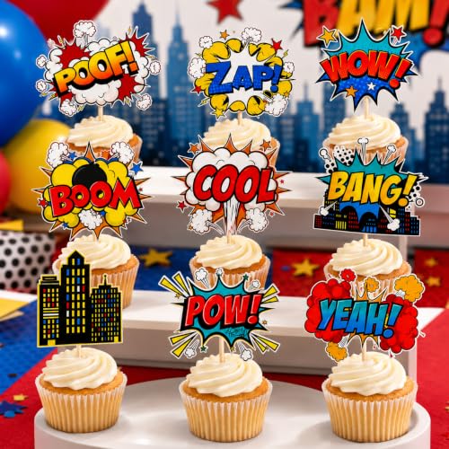 36 PCS Hero Cupcake Toppers | Hero Decorations Smash Crash Pow Picks for Hero Theme Birthday Party Cake Decor Supplies