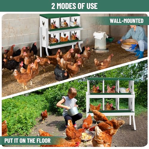 GarveeLife Nesting Boxes for Chickens, 6 Compartment Chicken Nesting Box with Metal Legs, Metal Chicken Laying Boxes with Perch, Secure Lid, Versatile Wall Mount or Free Standing for Hens, Green