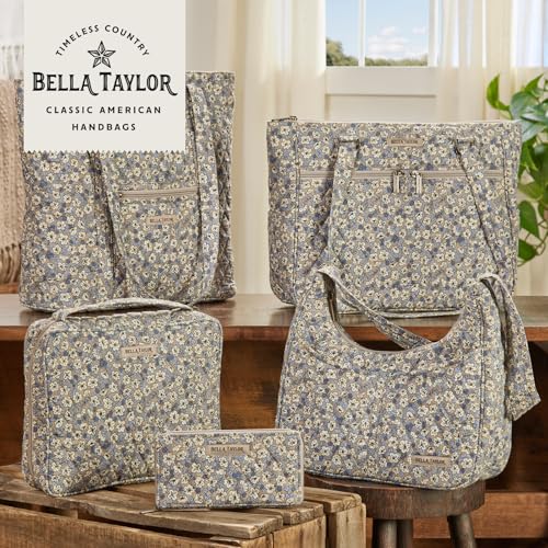 Bella Taylor Lunch Tote, Quilted Lunch Bag, Khaki Floral | Lightweight quilted cotton lunch box, easy-to-clean PEVA lining, 3 outside/1 inside pocket, durable construction - color: Khaki Floral
