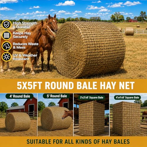 5x5 ft Round Bale Hay Net for Horses & Goats, 1.5" Holes Slow Feeder Hay Nets with Hay Net Repair Tool - size: 5*5*5 FT