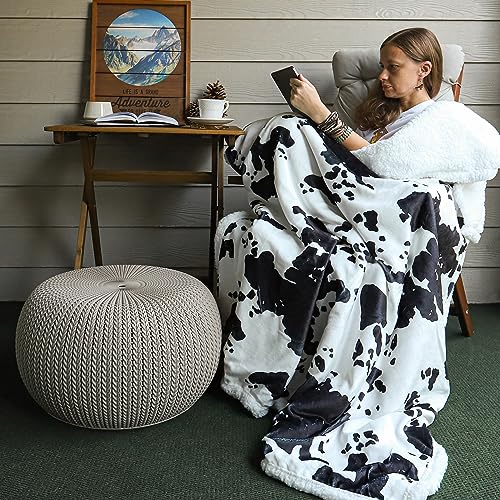 Indigo Hill by HiEnd Accents Elsa Cow Print 54x68 Sherpa Throw Blanket | Black Cowhide Pattern, Rustic Western Style, Animal Print Fleece Blanket for Camping, Outdoor, Couch, Sofa, or Bed - color: Elsa Cow Print Black