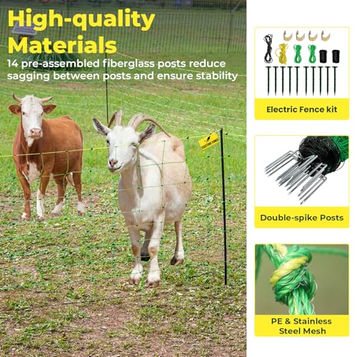 Electric Fence Netting, 164'L x 42.5" H, Portable Electric Fence for Goats, Livestock, Cattle, Sheep, 14 Double Spike Fiberglass Posts Pre-Assembled Net Fencing for Backyards, Farms and Ranches