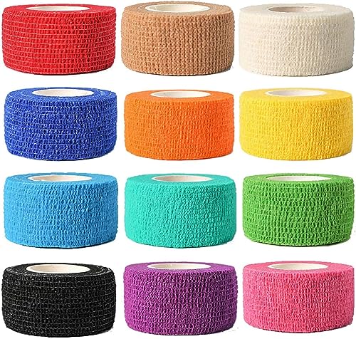 12 Pack Self Adhesive Bandage Wrap, 1" x 5 Yards, Cohesive Athletic Tape | Athletic Elastic Cohesive Bandage for Sports Injury,Strain,Knee & Wrist,Ankle Sprains & Swelling First Aid - size: 1x180 Inch (Pack of 12)