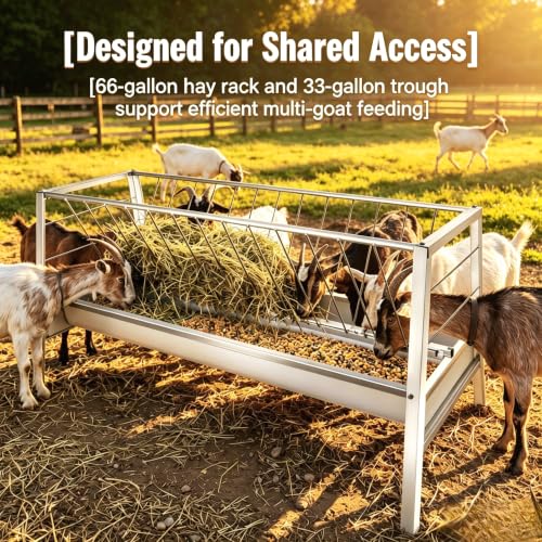 Anti-Waste 99-Gallon Goat Hay Feeder, 2-in-1 Galvanized Steel Livestock Feeder with Hay Rack and Grain Trough, 59" Long for Goats Sheep Calves in Barn Pasture Farm