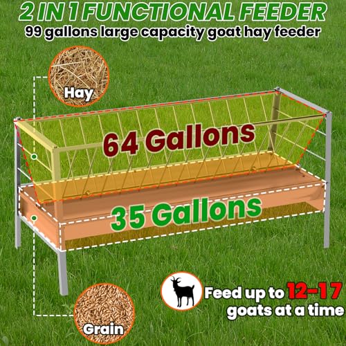 99 Gallons Goat Hay Feeder, 25'' Wide Hay Rack for Goats, Heavy Duty Galvanized Steel Hays Rack, Hays Feeders with 8'' Removable Deep Feeders Pan, Easy Assembly Goat Feeder for Sheep, Cows