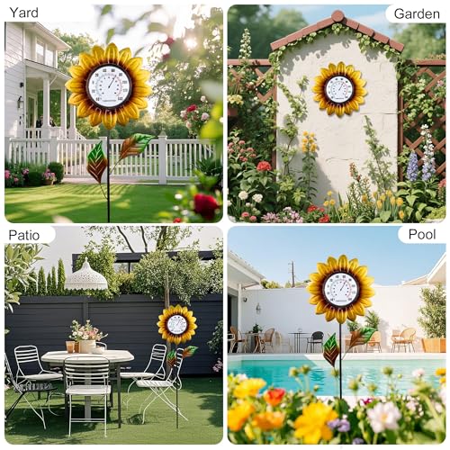 Outdoor Thermometers for Patio, 35.8" Tall Stake Sunflower Thermometer | Indoor Wall Mounted Thermometer Decorative for Yard Garden Pool Decor, Easy-Read, No Require Batteries - style: Sunflowers