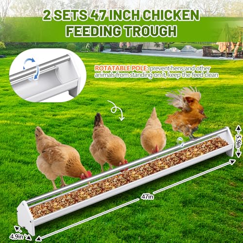 Reallnaive 2 Pack 47 in Plastic Chicken Feeder Trough, Stainless Steel Bars | Rust-resistant Plastic Body, Stainless Steel Anti-roost Bars, Easy to Clean, for Chickens, Ducks, Geese, Pigeons & Goats