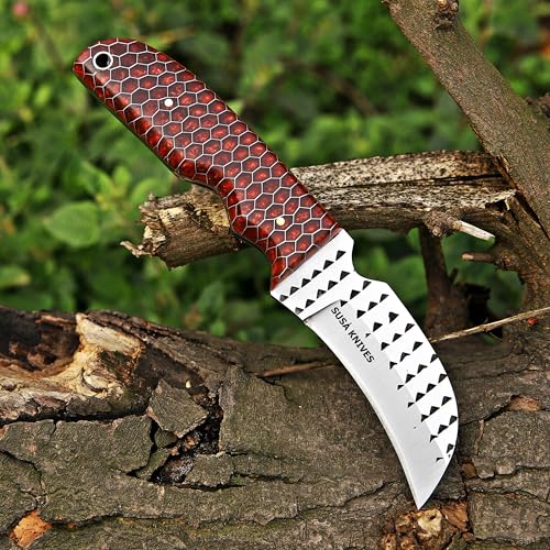 Custom Handmade 7'' fixed blade hoof rasp Hawkbill fixed blade Knife Electricians Knife Lineman’s Hawkbill knife, with pancake leather sheath (HWK COOPER) - color: HWK COOPER