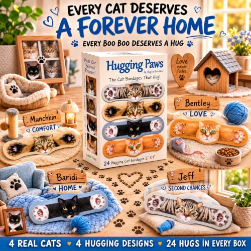 Hugging Paws – Cat Themed Bandages from Hug-a-BooBoo, The Friendly Kitty Bandages that Hug! Beautiful Wound Coverings Feature Paintings of Actual Rescue Cats! Great Cat Lover Gift! 24 Count Box - size: 24ct, style: Cats