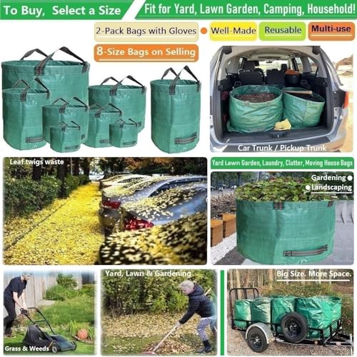 Professional 2-Pack 63 Gallon Lawn Garden Bags Big (D31,H19 in) Yard Waste Bags with Gardening Gloves for Reusable Leaf Bag,Garden Trash Containers,Lawn Weeds,Grass Clippings,Yard Debris Bag 4 Handles