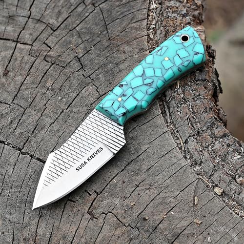 Custom Handmade 7'' fixed blade hoof rasp knife Cowboy Damascus steel Bull cutter knife, cowboy knives with pancake leather sheath (SUSA 111) - color: SUSA 111
