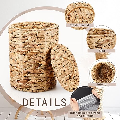 Ctosree 2 Pcs Wicker Trash Can Basket Woven Waste Basket with Lid Bathroom Wastebasket Garbage Bin with 100 Pieces of Trash Bags for Bedroom Farmhouse Home Office Kitchen(Brown, Small) - color: Brown, size: Small