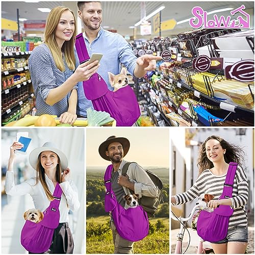 SlowTon Dog Carrier Sling - Thick Padded Shoulder Strap Adjustable, PU S | Dog Carriers for Small Dogs, Puppy Carrier Purse for Pet Cat with Front Zipper Pocket Safety Belt Machine Washable - color: K-Fuchsia Cotton Fabric