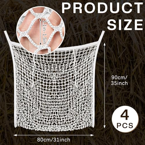 Riakrum 4 PCS Slow Feed Hay Net for Horses, 35 x 31 Inch Large Capacity Hay Bags for Horses Goats Sheep Donkey Trailer Full Day Feeding, Easy to Fill and Hang, White Stall Feeder