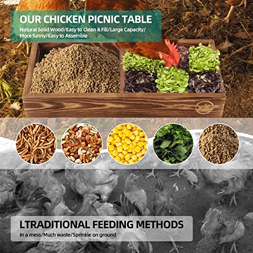 Chicken Table No Waste, Chicken Picnic Feeder Handmade Carbonized Wooden, Large DIY Chicken Feeder Kit, Wild Bird, Duck & Squirrel Feeders, Mesh Bottom Keep Food Fresh and Dry Easy to Clean and Fill - color: Carbonized Solid Wood