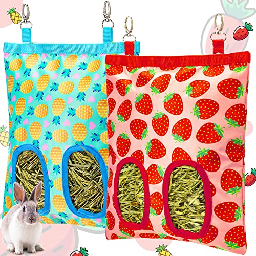 2Packs Large Rabbit Hay Feeder Bag, Upgraded Guinea Pig Hay Feeder with 3 Hooks, Chew Proof Washable Hay Bag for Rabbits Bunny Chinchilla Hamster, Mess Free Grass Holder 2 Holes, 9.8x11.4 Inch - color: Strawberry+Pineapple