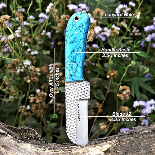 Custom Handmade 7'' fixed blade hoof rasp knife/Cow boy knife/Bull cutter Cowboy knives with pancake leather sheath (BLUE Turquoise) - color: BLUE Turquoise