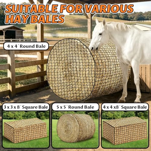 YedsIntu 4x4 ft Round Bale Hay Net for Horses, Slow Feeder Hay Nets with 1.5 inches Holes, Knotless Hay Feeder Bag for Goats Cattle Sheep Livestock - size: 4x4 ft