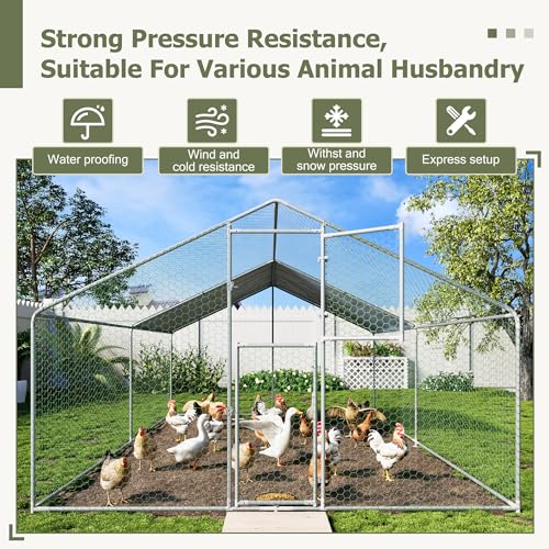 Large Metal Chicken Coop,19.7x9.8x6.4 FT Chicken Run for Yard with Waterproof & Anti-UV Cover,Walk in Chicken Pen with Feeding Door (13.1 * 9.8 * 6.4 ft) - size: 157.5"L x 118.1"W x 76.8"H