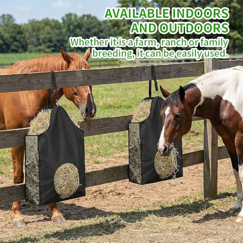 Hay Bags for Horses – 600D Oxford Hay Bag with Adjustable Strap & Metal Ring, Hanging Hay Feeder for Goats, Sheep, Donkeys, and Cows, Black (2-Pack)