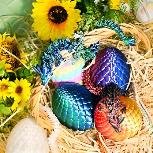 Impossmaker 8" 3D Printed Easter Dragon Eggs with 3D Printed Dragon Inside, Easter Basket Stuffers Mini Dragon Egg Set Articulated Crystal Dragon Fidget Toy for Adults Teens - style: 6P-S2