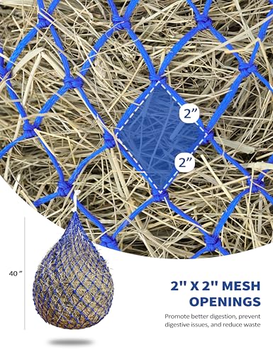 Harrison Howard Slow Feed Hay Net for Horses, 40 Inch Hay Bag Holds 1–2 Flakes, 2 Inch Mesh Durable Hanging Feeder for Stable, Pasture & Livestock-Blue - color: Blue