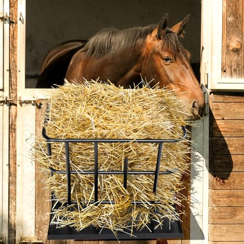 Outvita Hay Feeder 2 in 1 Hay Rack, Wall Mount Goat Horse Feeders, Heavy Duty Steel Hanging Feeders with Detachable Grain Tray for Farm Livestock Goat Sheep Grain Indoor Outdoor Uses - size: 26.5 with tray
