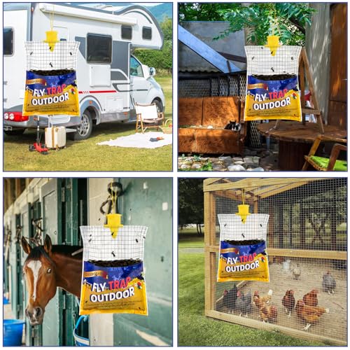 6 Big Fly Bags Outdoor Traps Hanging for Patio - Pre-Baited, Disposable | Fly Catcher Killer Repellent with 6*50g Bait for Outside in Chicken Coop, Horse Barns | Easy to use | Durable | Effective - size: 6 Pack