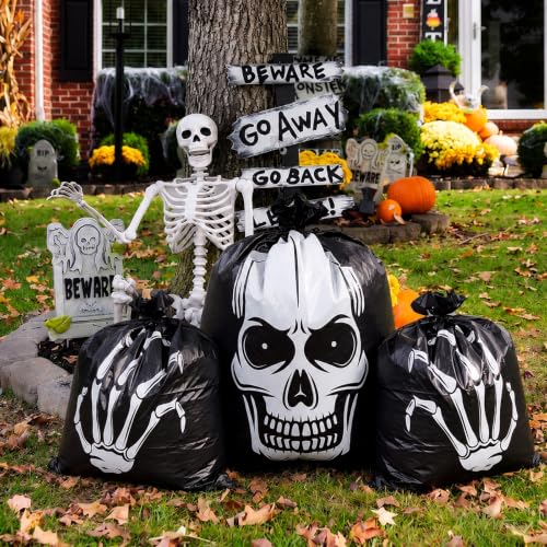 Qilery 6 pack Halloween Skull Leaf Lawn Bags for Outdoor Decorations Plastic Zombie Trash Bags with Skeleton Hand & Twist Ties for Lawn Yard Garden Patio and Party Decor - style: Skull