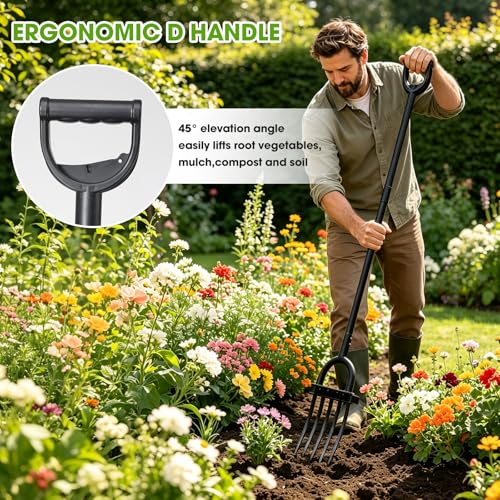 Broad Fork Garden Tool, 50" Heavy Duty Broadfork Hand Tiller with Double 5 Sharp Tines, Garden Pitchfork with Ergonomic D-Shaped Handle, Spading Diggi - size: Broad Fork 50Inch