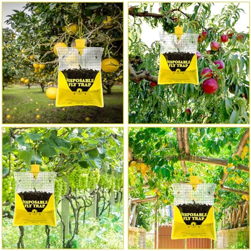 Outdoor Fly Traps for Patio - 4 Large Pre-Baited Flies Bags Disposable | Hanging Fly Catcher Killer Repellent with 4*50g Bait for Stable Horse Barn & Farm | Easy to use | Durable | Effective - size: 4 pack