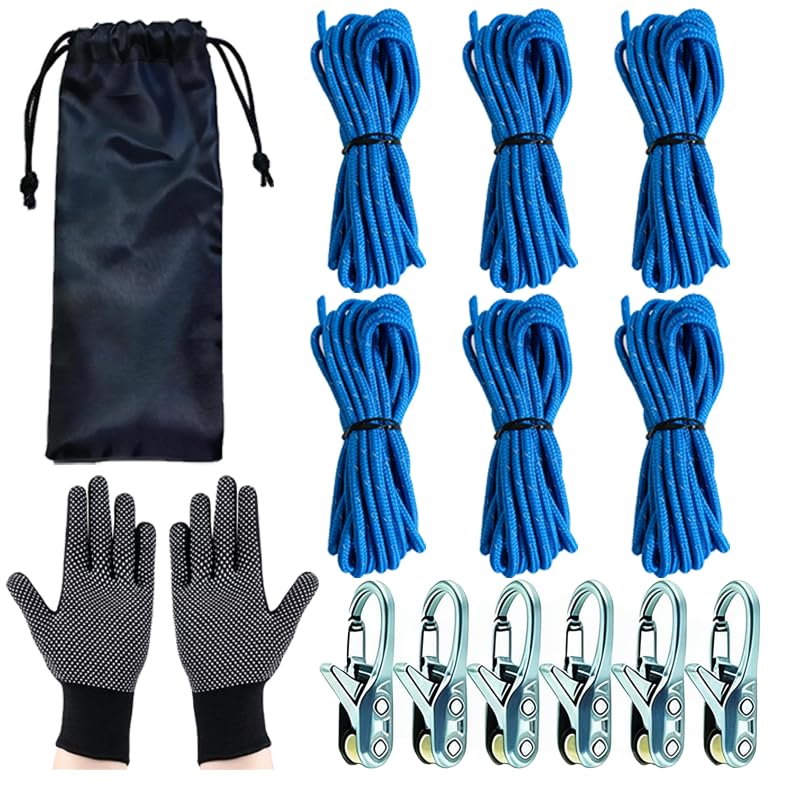 6 Pack Cam Buckle Tie Down Straps with Reflection Rope, 115LBS Break Strength Heavy Duty Tensioners, Adjustable Tent Guy Lines for Camping Cargo Securing Outdoor Activities, Includes 1 Pair Gloves