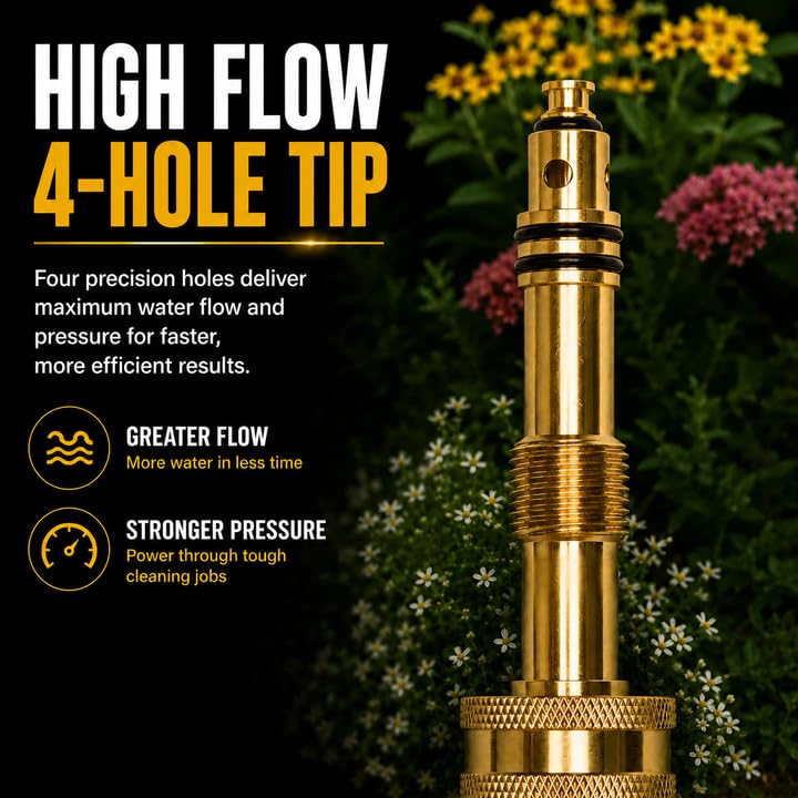 Solid Brass Metal Twist Garden Hose Nozzle, Heavy Duty Adjustable Pressure Spray Attachment, High Power Water Jet Sprayer with 4 Holes & ¾” Standard Threading, Includes 2 Extra Rubber Washers - size: Nozzle Pro - 1 Pack