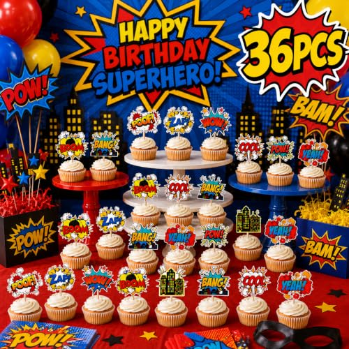 36 PCS Hero Cupcake Toppers | Hero Decorations Smash Crash Pow Picks for Hero Theme Birthday Party Cake Decor Supplies