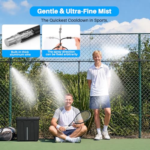 Portable Misting System, Outdoor Water Misters for Outside Patio Umbrella Cooling with Rechargeable Water Pump (Consecutive 8Hrs), 9L Bucket, 26FT Hose, for Tailgating, Camping, Canopy, Sport