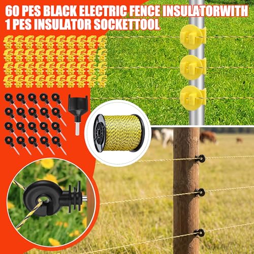5.5J Electric Fence Charger with Display and Alarm, AC/DC Dual Power, 12V Input 8KV/12KV Output, 3366 ft Polywire, 40 T Post Insulator, 20 Screw-in Insulator for Cattle Cow Livestock Farm