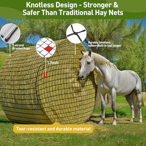 Round Bale Hay Net for Horses, Durable Knotless Nylon Slow Feeder,6x6 ft, Reduces Hay Waste, Ideal for Outdoor Use, Promotes Healthy Digestion (5 * 5FT) - size: 5*5FT