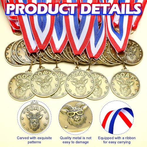 Remuuly 30/60 Pcs Goat Medals Bulk with Neck Ribbon Medals for Awards | 2 Inch, 3D Engraved, All Time Goat Trophy Gold MVP Champion Prize for Team Events, Sports Competitions Awards, Gift for Team