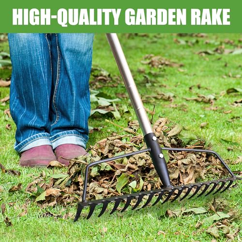 YEELOR Garden Rake, Heavy Duty 16-Tine Bow Rake, Metal | Adjustable Stainless Steel Handle, For Yard Work, Loosening Soil, Leveling Mulch, Gathering Leaves