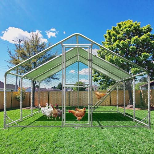Large Metal Chicken Coop Runs for Yard with Cover, 10x20x6.5 | Perch Bars, Split Doors, Waterproof Covers, Mesh Wire - size: 236.2"L x 118.1"W x 78.7"H