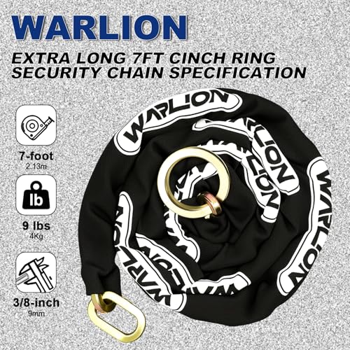 WARLION Heavy Duty Security Chain, 7ft x 3/8in Thick, 9lbs, Anti-Theft & Cut-Proof Motorcycle Chain with Cinch Ring - Secure Generators, Trailers, ATVs, Ebikes, & 2-Wheeled Vehicles (No Lock) - size: 7ft-3/8in