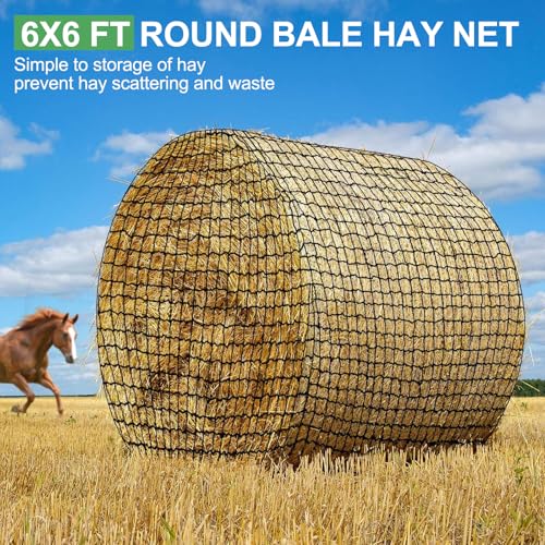 6x6 ft Round Bale Hay Net - Large Slow Feeder for Horses & Livestock, Knotless Design Slow Feeder Hay Nets, Fits 4x4ft 5x5ft 6x6ft Round & 3x3x8ft 4x4x8ft 5x5x8ft Square Bales (Black-Round) - color: Black-Round