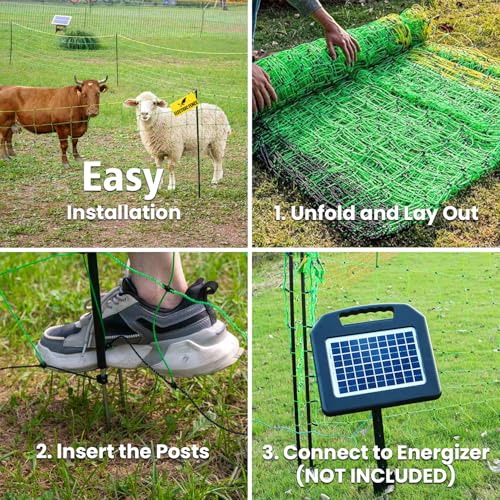 Electric Fence Netting, 42.5" H x 164'L, for Livestock, Cattle, Sheep, Goat | Electric Netting Fence, Pre-Assembled, 14 Posts Double Spiked, Portable Livestock Nets Used in Backyards, Farms and Ranches