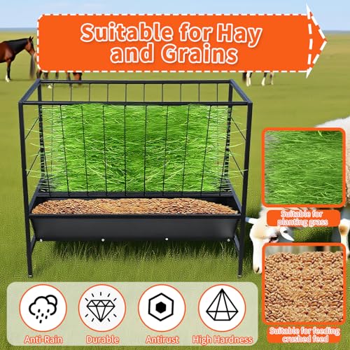 Yahpetes Pasture Hay Feeder 2 in 1 Goat Feeder 69 Gallon Capacity Livestock Rack 42.9''L X 20.5''W Hay Grain Livestock Feeder with V-Shaped Top Rack & Feed Pan for Sheep Farms Sheds