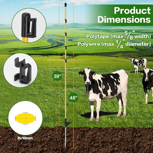 24Pcs 48in Fiberglass Step-in Electric Fence Posts | Clips height adjustable for poly tape/rope. No-tool step-in. Fiberglass core bends back