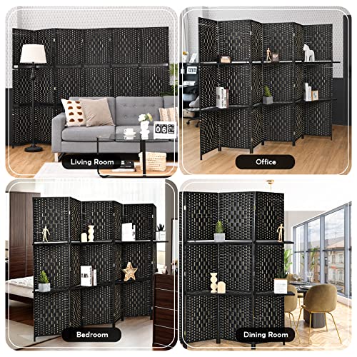 Giantex 6Ft 6 Panel Room Divider with Shelves, Freestanding Hand-Woven Rattan Folding Privacy Screens for Room Separation, Wooden Partition Room Divider Wall for Home Office Studio Separator - color: Black