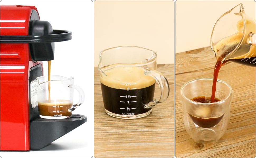 QWORK Espresso Shot Glass with Handle, 4 Pack 3-Ounce Double Spout Glass Measuring Cup Triple Pitcher Milk Cup with Two Scales (OZ&ML)